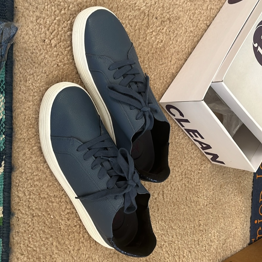Women’s Navy Blue Leather Lace Up Platform Sneakers with Comfort Insole